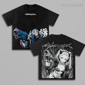 Cyberpunk Edgerunners Rebecca Anime Double Printed Vintage Washed Tee Unisex Oversize Anime Manga Washed Heavyweight Cotton T-shirt