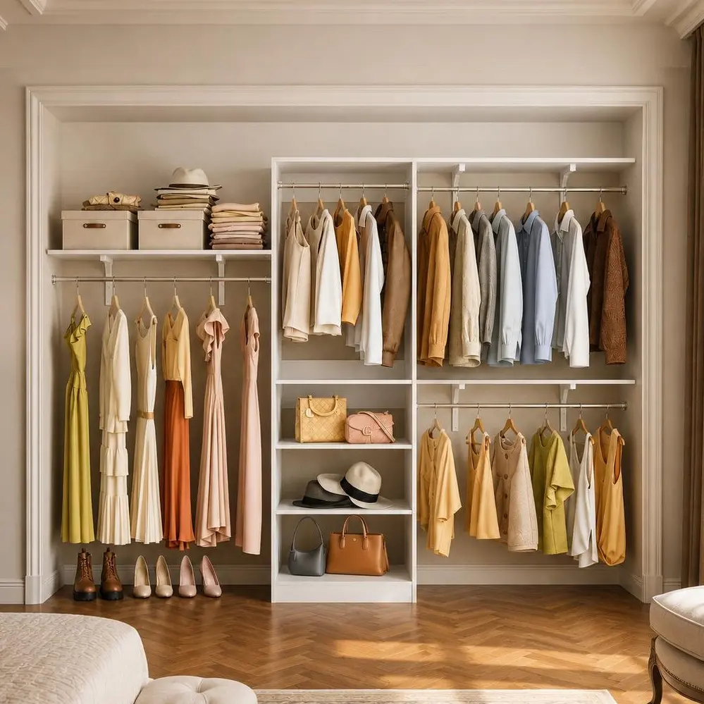 Modern 96-in Engineered Wood Walk-In Closet System - 8FT Heavy-Duty Bedroom Wardrobe, 3 Shelving Towers, 5 Shelves, Wall-Mounted Clothes Rack, Expandable Rods, Cuttable Fit, Assembly Required