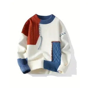 Men'S Two-Tone Green/Brown/Black Sweater - Oversized Drop Shoulder Sleeves, Geometric Color Block Design, Cozy Loose Fit Knit Pullover for Casual & Formal Outfits,