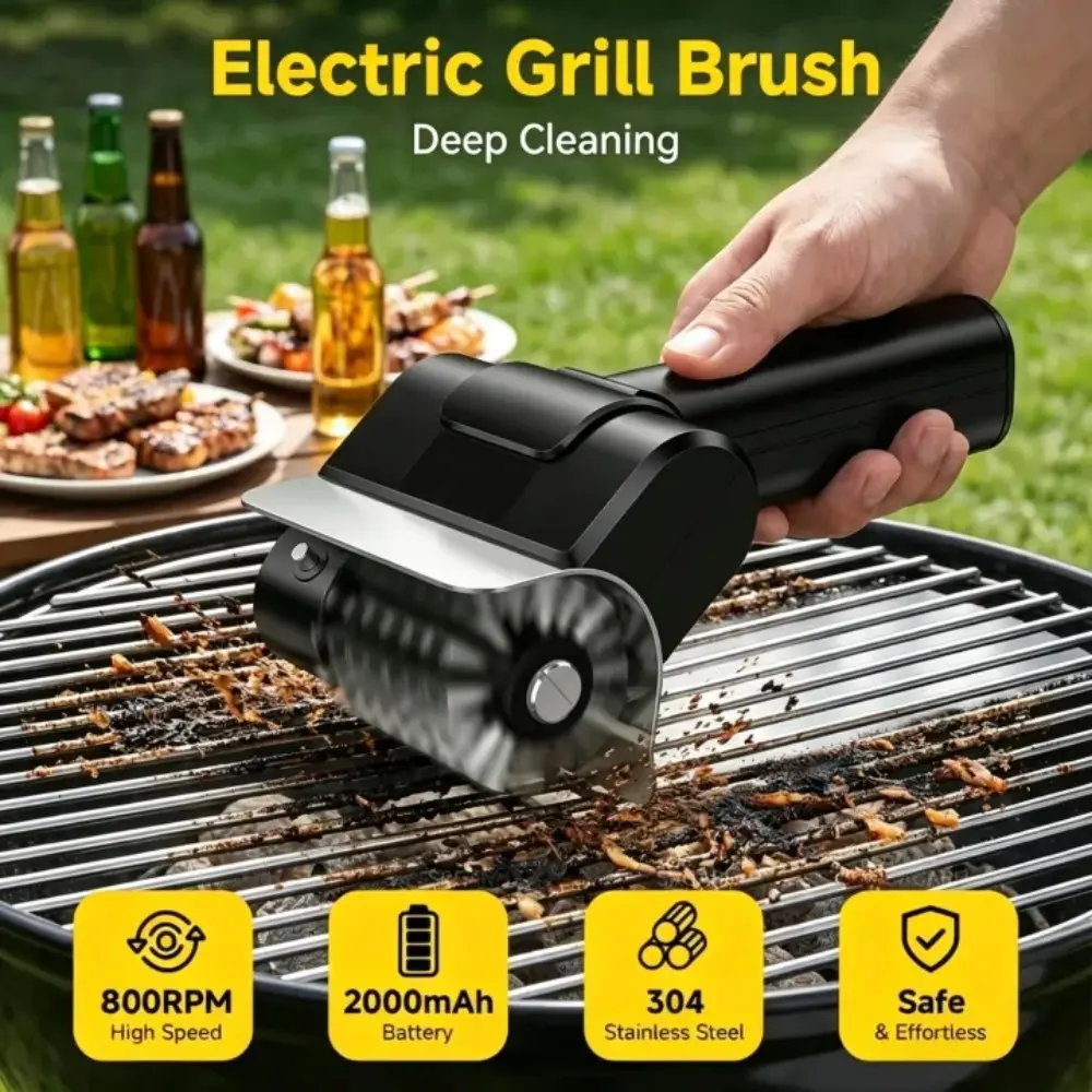 Cordless Electric Grill Brush, 800 RPM Rotating Grill Cleaner, 2000Mah Rechargeable Battery, 304 Stainless Steel Bristles BBQ Cleaning Tool, Includes Replacement Brush Head And 1 Pair Gloves, Portable Outdoor Barbecue Grill Scrubber, Black