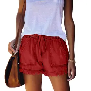 Women's Summer Casual Comfort Fit Denim Shorts with Drawstring Elastic Waist and Frayed Hem