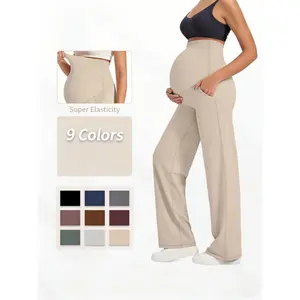 Maternity Wide Leg Pants Over the Belly - Stretchy High Waist Yoga Trousers with Pockets - Comfy Casual Lounge & Work Pregnancy Clothes Fall Winter