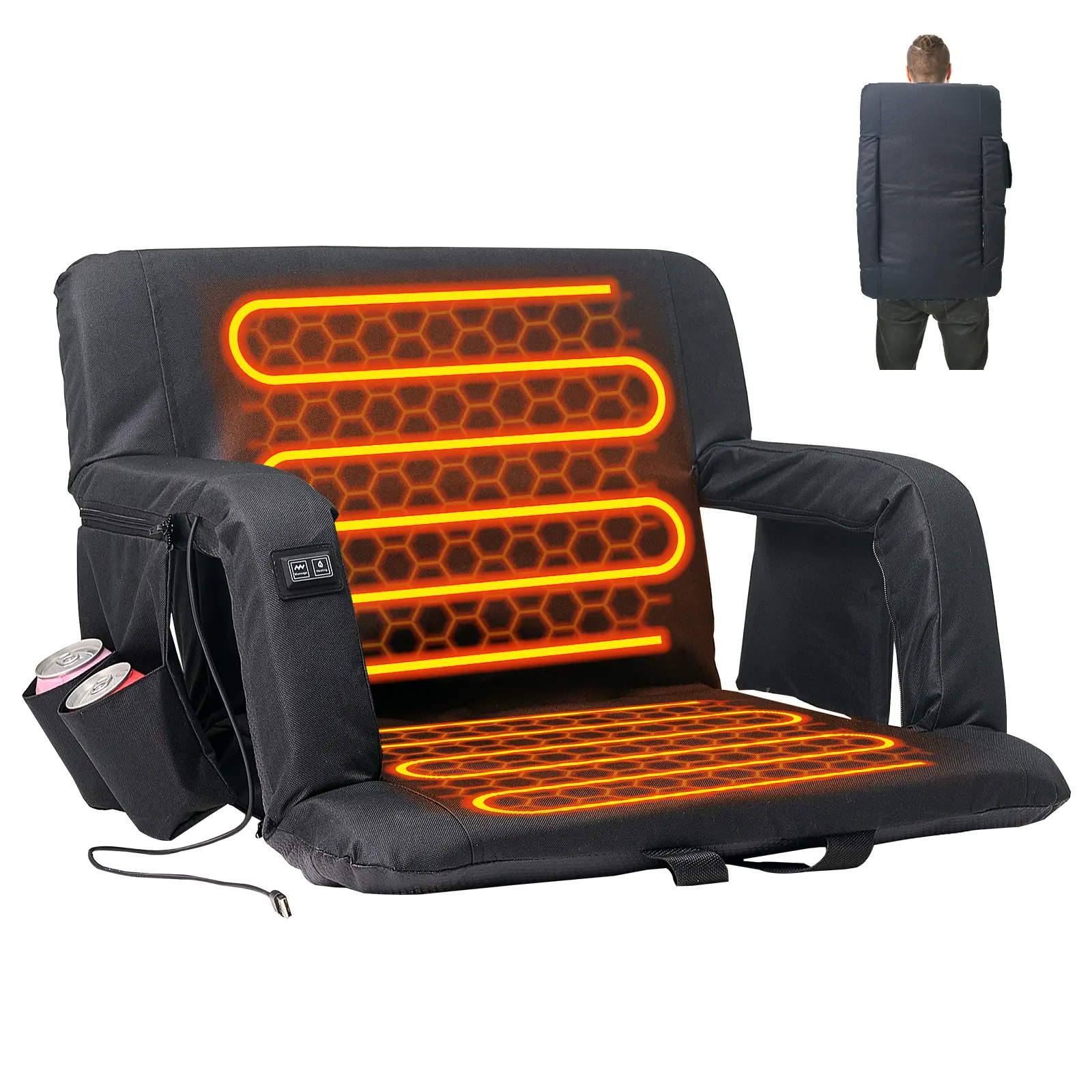 Naudacaa Heated Stadium Seat, 21-25in Wide Portable Polyester Sports Chair with 3-Level Heat Control, Back Support & 6-Position Recline, Thermal, Unisex, Waterproof, Adults, Oxford