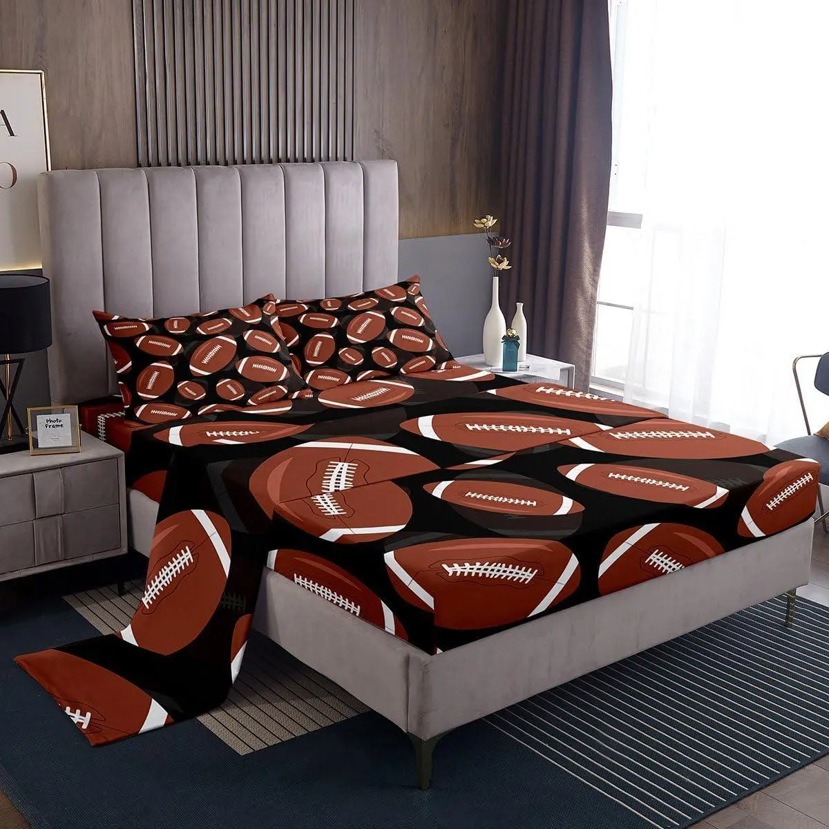 Football Bed Sheets Set,Rugby Sheet Set,Ball Games Gaming Sports Kids Boys Men Girls Sheets Competition Black Brown Deep Pocket Top Sheet