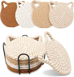 Cat Ears Coasters Set of 8 with Holder, Minimalist Handmade Braided Cotton Non-Slip Absorbent Cat Coasters for Drinks, Coffee Bar Accessories, House Warming Gifts for New Home