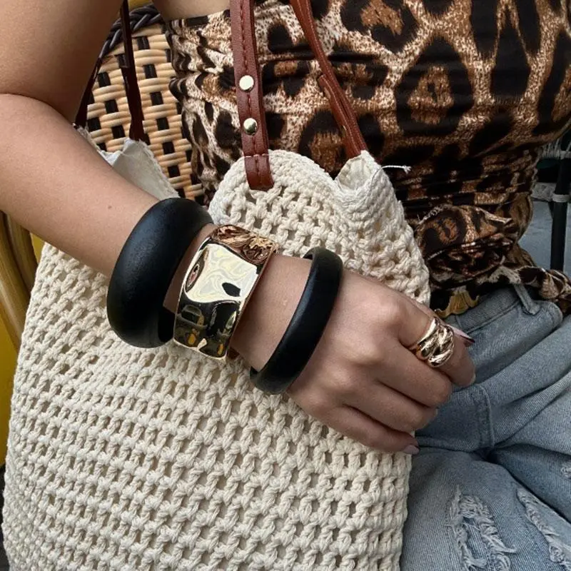 Vintage Punk Big Geometric Liquid Metal Bangles Fashion Hip Hop Black Acrylic Wide Bangles Bracelets For Women Men Gift Jewelry