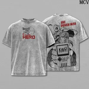 Saitama x King One Punch Man T-Shirt Acid Wash Vintage Oversize Unisex Heavy Cotton Menswear Top Anime Manga Graphic Tee Washed Double Printed Retro Streetwear WEA PSU