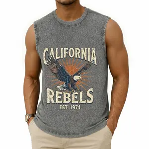 American Retro California Eagle Rebels Print Washed Sleeveless Tank Top Men Vintage Distressed Muscle Vest Casual Summer Sleeveless Tee