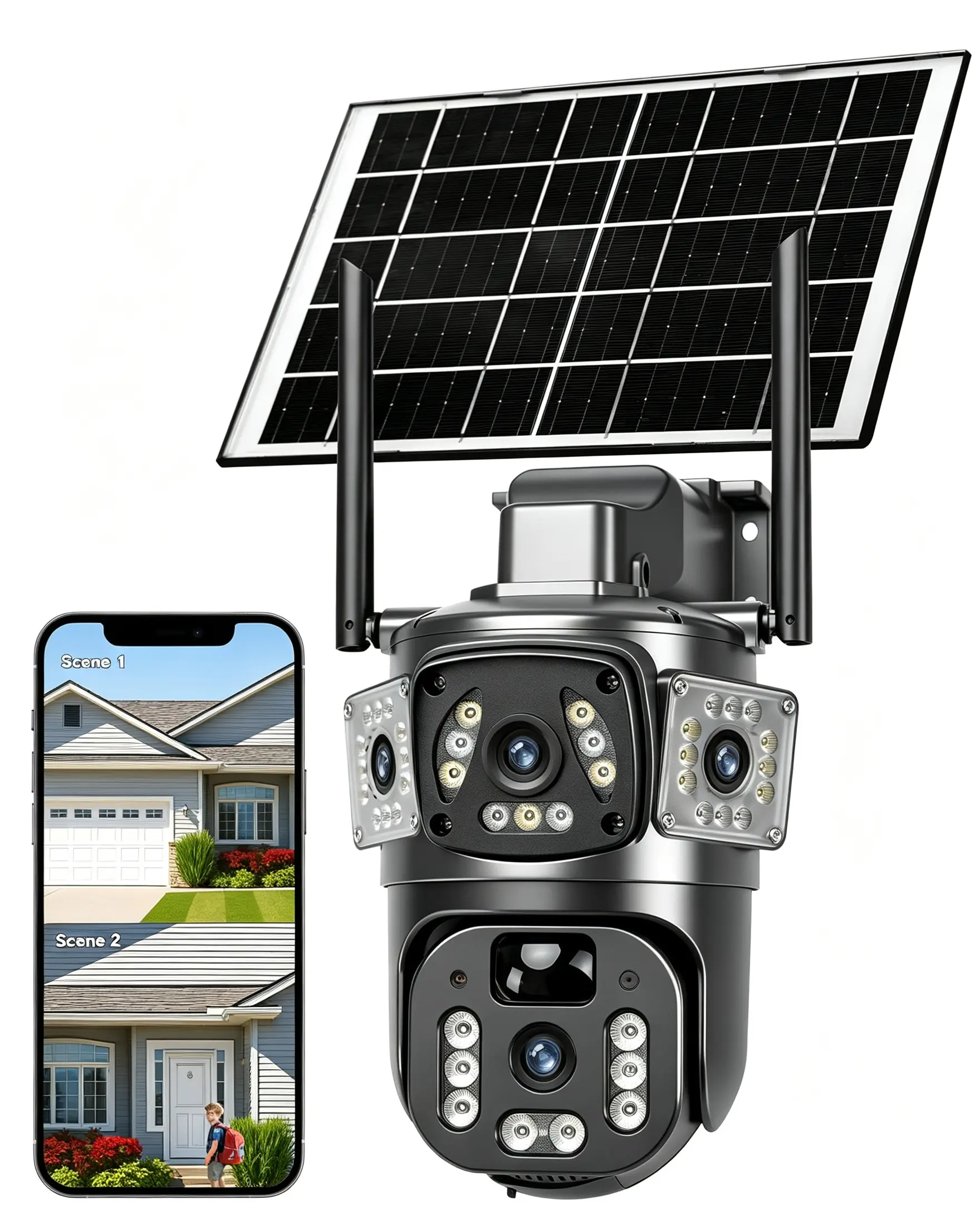 2K Triple Lens Solar Powered Security Camera Wireless Outdoor, 2.4G WiFi, 3 Lenses Simultaneous View, 360° Auto Tracking, Color Night Vision, 2-Way Audio, No Subscription