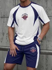 American Vintage Style La Logo Sport Short Sleeve Set, Blue Block + Number 77 Print, Fitted, Streetwear, Daily Wear, Court