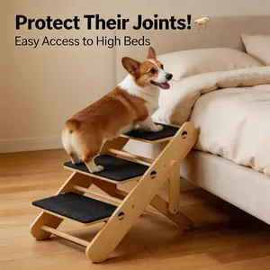 Adjustable Wooden Pet Stairs | Foldable Dog Ramp for High Beds & Couches | Anti-Slip Pet Steps for Small/Senior Dogs | Joint & Arthritis Relief