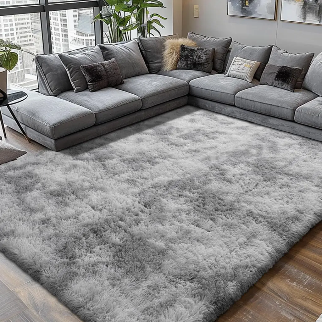 XEXSIN Ultra Soft Fluffy Thick Memory Foam Decorative Area Rug, Large Modern Grey Tie-Dye Minimalist Carpet for Living Room, Bedroom, Aesthetic Room Decor