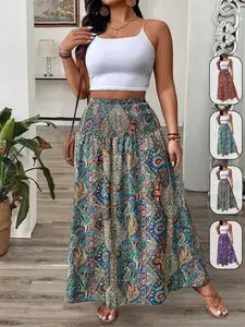 Women's Plus Size Tummy Control Smocked Waist Maxi Skirt Boho Paisley Print High Waist Flowy A-Line Long Skirts Vintage Hippie Festival Gypsy Outfits Beach Vacation Summer Holiday Casual Daily Stretchy Resort Wear