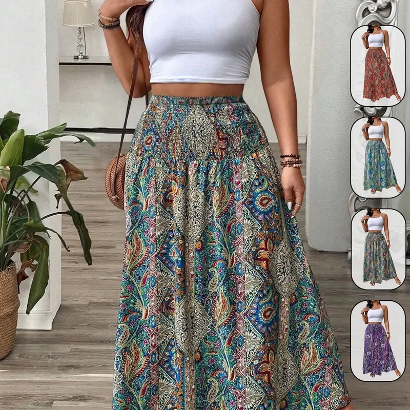 Women's Plus Size Smocked Waist Maxi Skirt Bottom, Printed Skirt, Boho Bohemian Paisley Print High-Waisted Loose Flowy A-Line Skirts for Hippie Festival, Beach and Vacation, Vintage Summer Casual Daily Stretchy Resort Wear