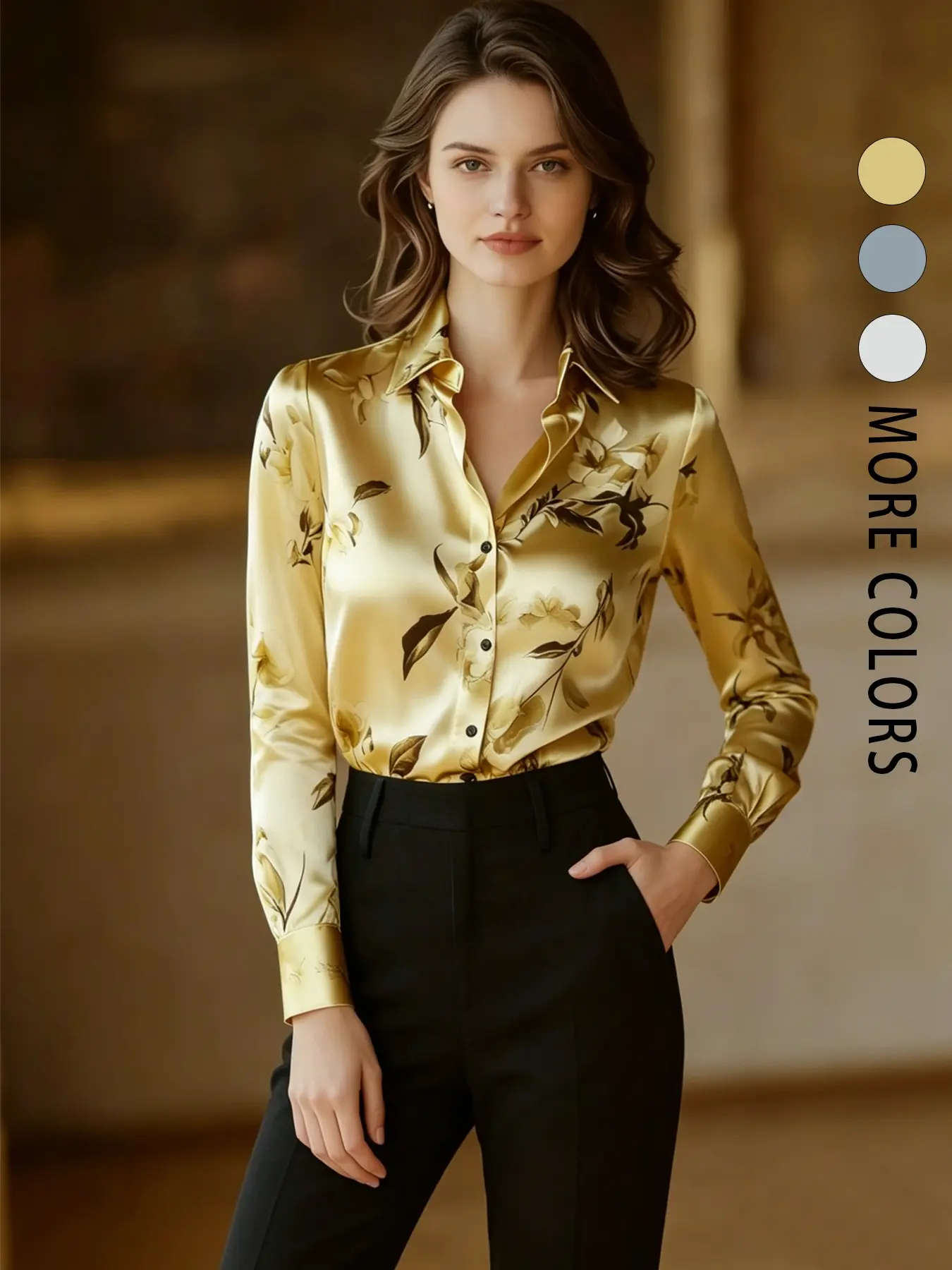 French Retro Floral Print Satin Shirt, Multiple Colors Available, Notch Lapel Long Sleeve Top, Office Commute / Date Lightly Mature Style Blouse