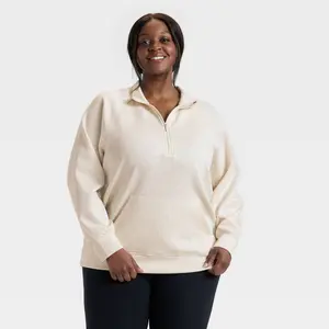 Women's Airy Sleek Legging Friendly Half Zip Sweatshirt - All In Motion Heathered Cream 1X