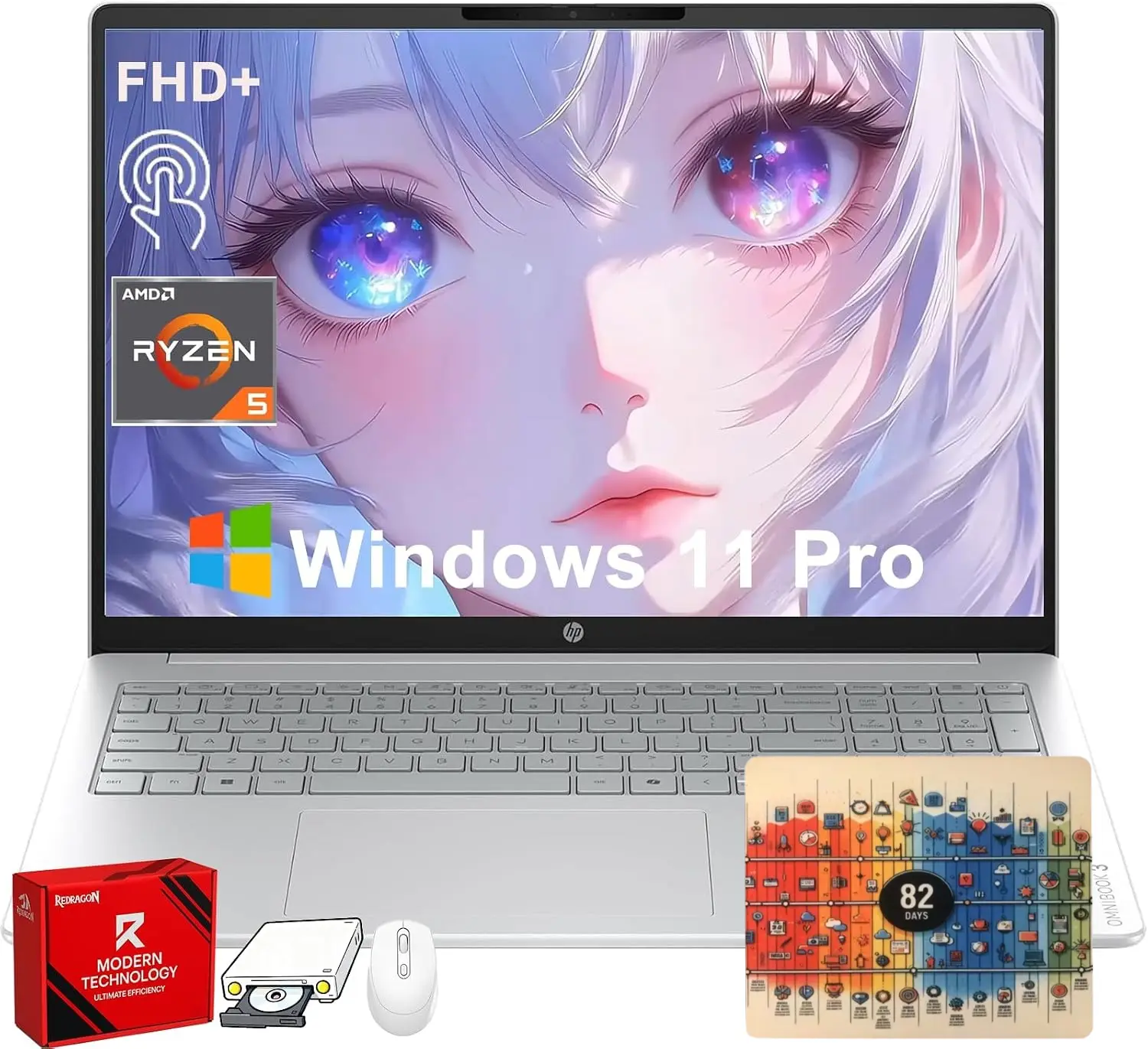 HP OmniBook 16" FHD+ Touch Business Students Laptop AMD R5 8GB DDR5 256GB | (1920x1200 WUXGA) IPS Touchscreen, 14.25H Long Battery Life, Numerique Pad, Win 11 Pro OS, Weighs 3.61 lbs, w/Accessoiries