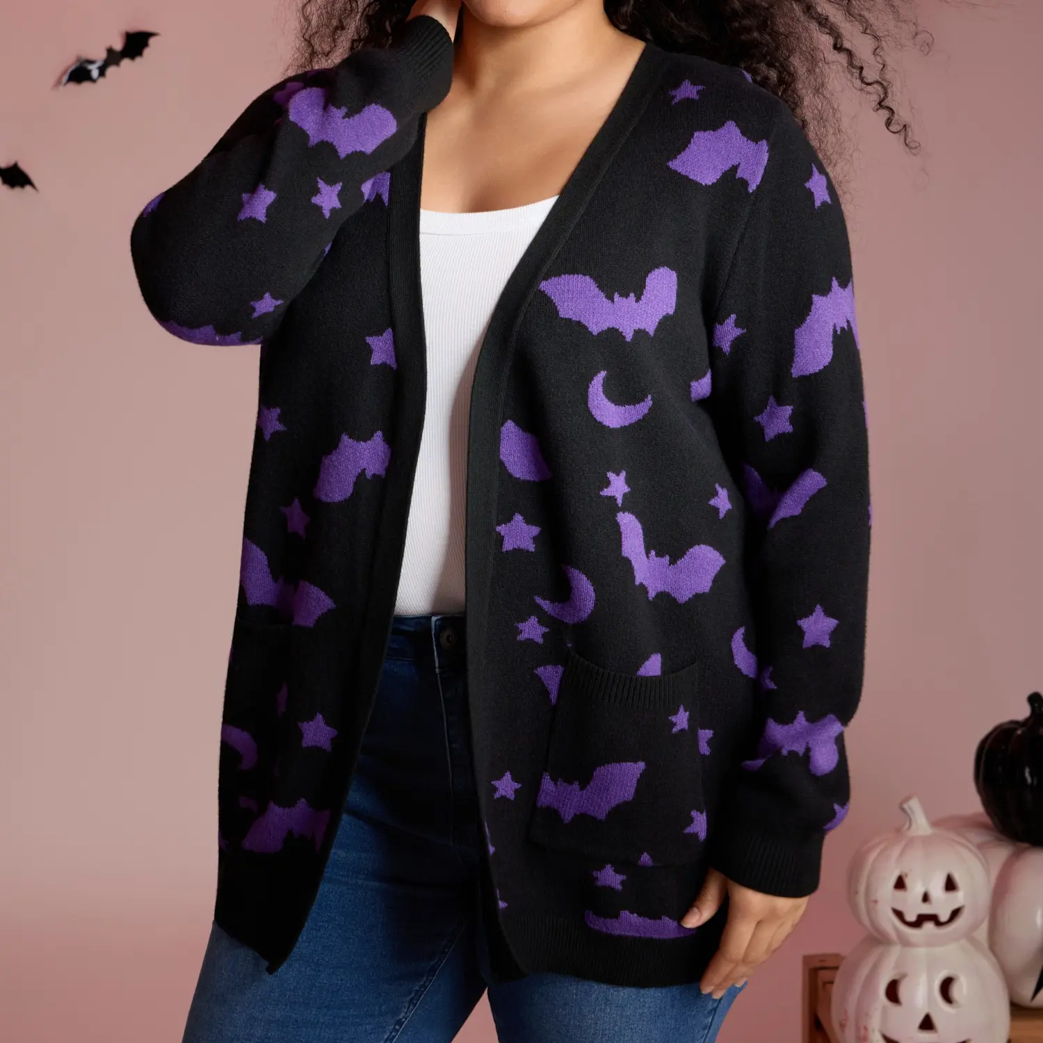 BLOOMCHIC Women's Bat Printed Jacquard Cardigan - Long Sleeve Kimono Collar Casual Tunic, Halloween Pattern, Fitted Knitwear with Patch Pocket, Black，SohoChic