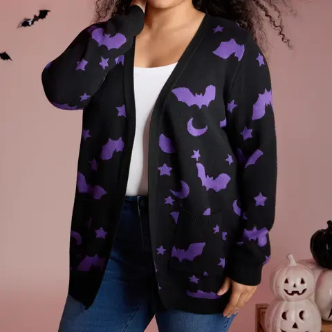 BLOOMCHIC Women's Bat Printed Jacquard Cardigan - Long Sleeve Kimono Collar Casual Tunic, Halloween Pattern, Fitted Knitwear with Patch Pocket, Black，SohoChic