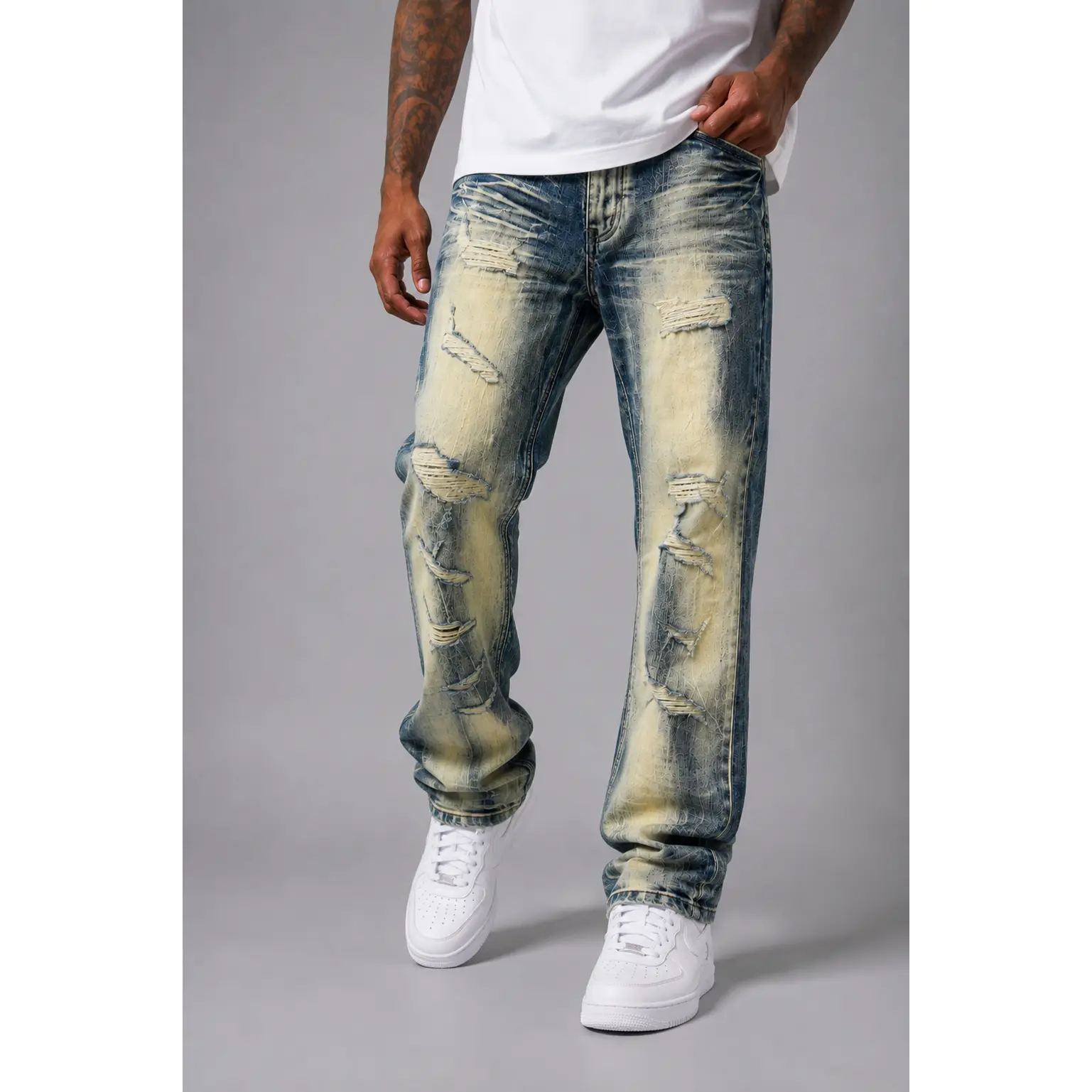 Makobi 'Sergio' Menswear Classic Cotton Fabric Straight-Cut Fit Denim Pants in Dirt Wash