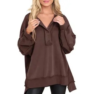 Women’s Oversized Casual Long-Sleeve Button Henley-Neck Pullover Tunic Top – Autumn Fashion Outfit