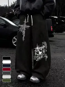 Men's Casual Dark Totem Print Sweatpants with Samurai Cross Design, Elastic Waist, Breathable Comfort, All Seasons, H-Type Silhouette, Casual Streetwear Pants