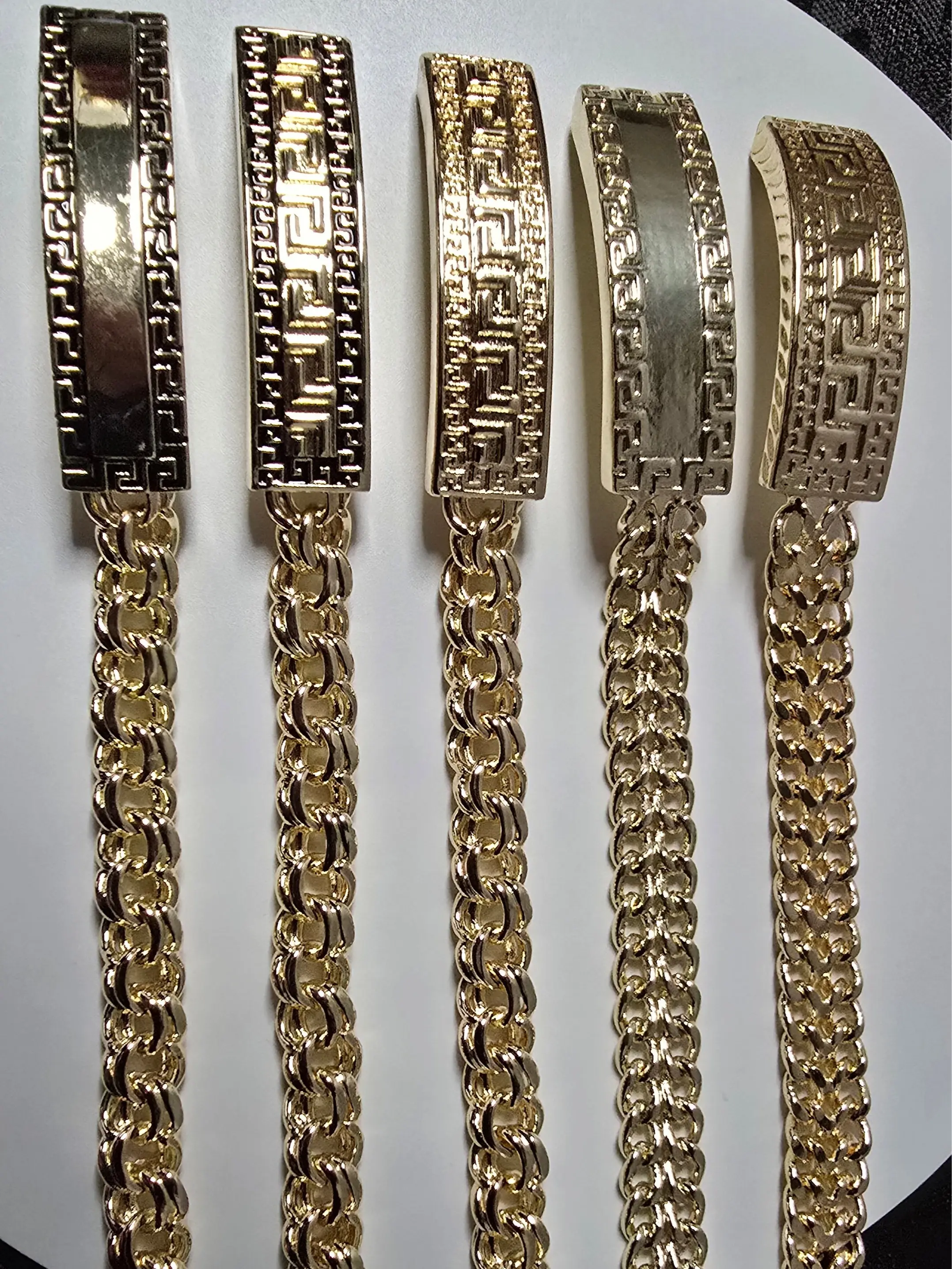 Exquisite Trendy Bracelet - Fashion Costume Jewelry Accessories, Chino Link or Double Row Curb Design with Greek Key Pattern, 4 Variants, 8 in Discreet Sliding Clasp, Daily Elegant Style in Pink, Silver, All Gold, Black/Gold