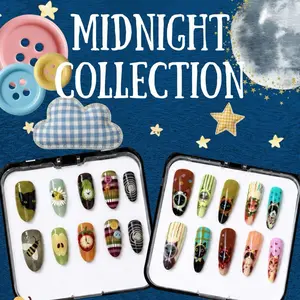 NELLÉE - *NEW MIDNIGHT COLLECTION* almond press on nails, coraline jones inspired, button, whimsical whimsy, colorful, stripes, dark, cat, fun, application tools included