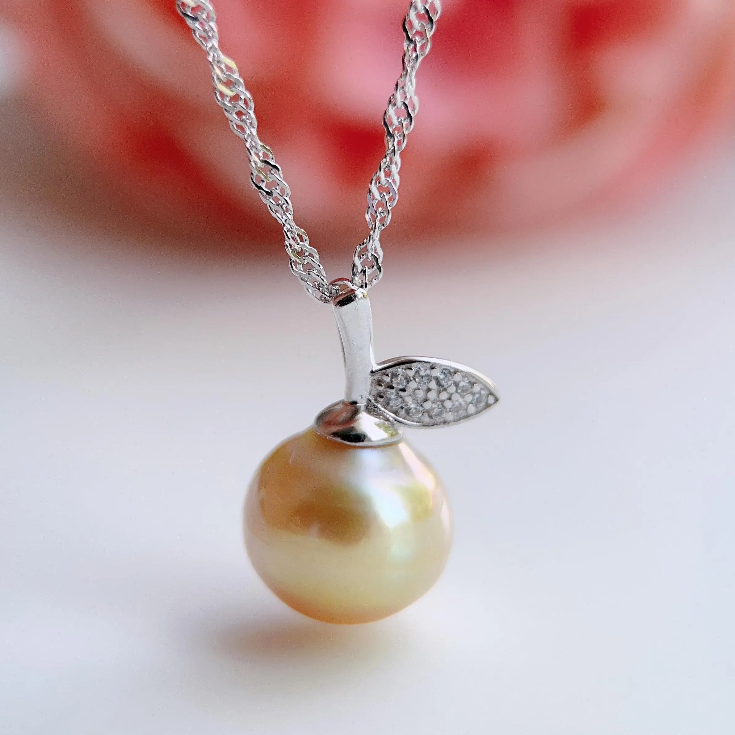 Piswency 925 Sterling Silver South Sea Golden Pearl Pendant Necklace, Apple Design Fine Jewelry Gift for Her
