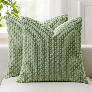 2 Packs Spring Decorative Throw Pillow Covers 18x18 Inch 45x45 cm Soft Striped Corduroy Square Cushion Case for Living Room Couch Bed Sofa Farmhouse Boho Home Decor Sage Green