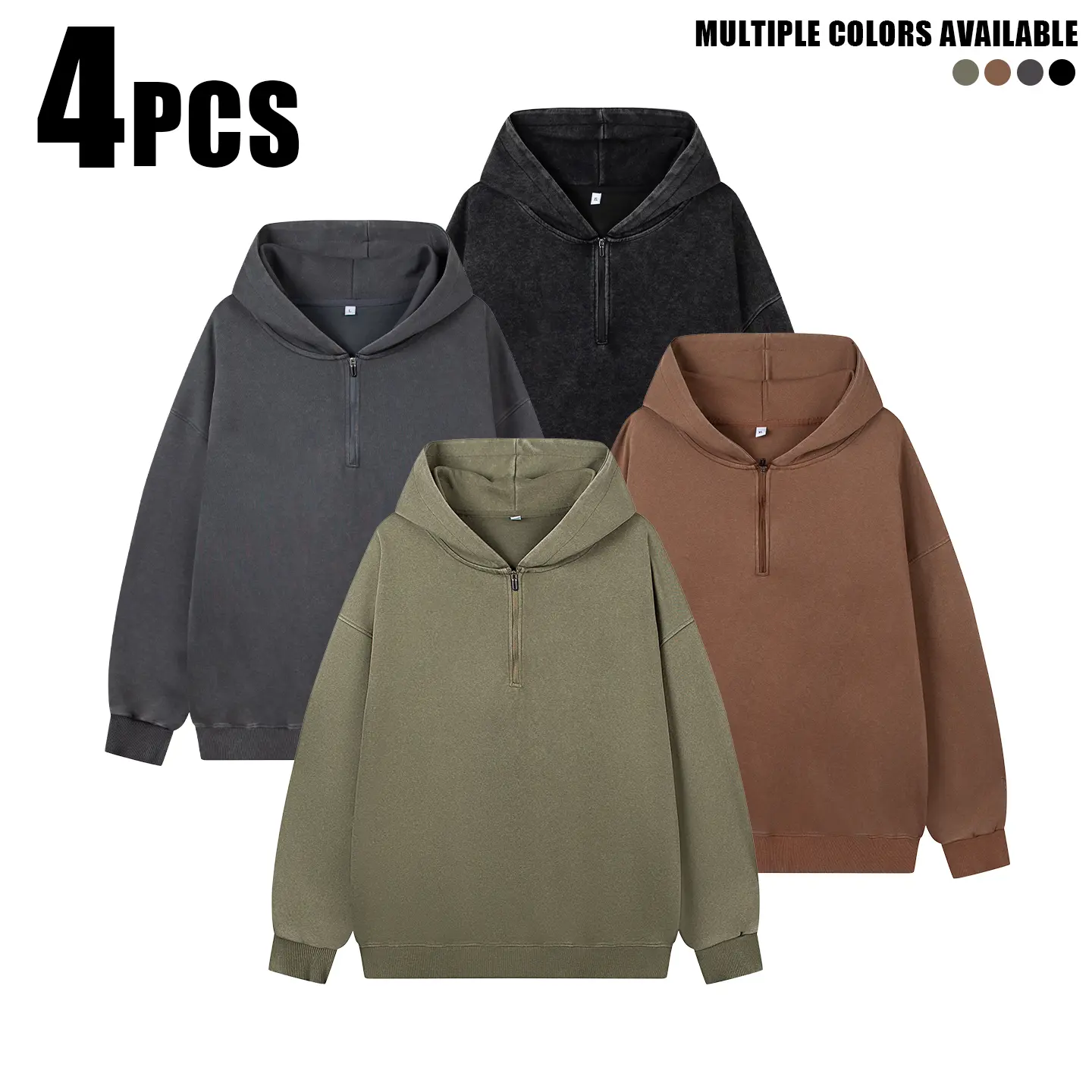 Men's 4PCS Quarter-Zip Hooded Sweatshirts, Oversized Drop-Shoulder Loose Fit, Olive Green Longsleeves Tops, Plain Casual Everyday Streetwear Menswear Pullovers
