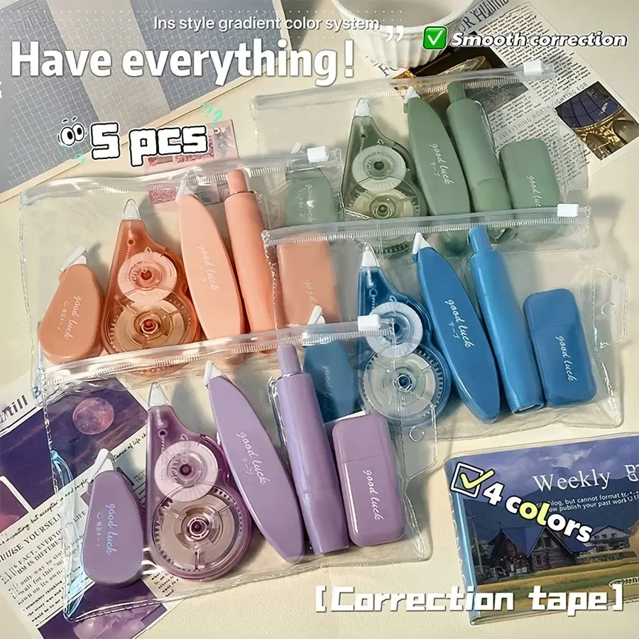 5-Pack Gradient Correction Tape Set, Blue///, Large Capacity, Durable, Smooth, Style, Essential for Bullet Journals, Office Stationery Supplies