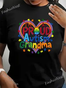 Women's Proud Autism Grandma T-Shirt - Autism Awareness Shirt with Colorful Puzzle Heart Design, Soft Fabric Plus Size Tee, Machine Washable Grandma Gift for Autism Families - Casual Casual Attire 100% Pure Crew Neck T-shirt, Soft, Spring/Summ