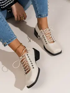 Fashion Campus Style High Heel Single Shoe for Women, Casual All Season Shoes, Plain Square Toe Thick Sole, Preppy PU Material