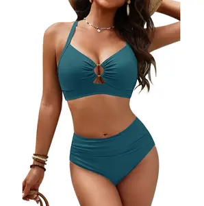 Blooming Jelly Womens Bathing Suit Ribbed Tummy Control Swim Suit High Waisted Bikini Popular Swimsuits