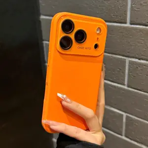 Fashion Simple Orange Baby Pink Silicone Case with Camera Lens Protector for iPhone 17 Pro Max 17Pro Air 16 15 14 13 12 Full Body Protection Silky Soft Touch Cellphone Casing Shockproof Cover Microfiber Lining Anti-Dust Wireless Charging