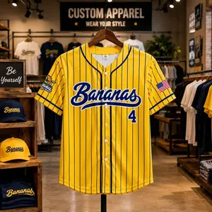 Custom Banana Stripe Baseball Jersey Shirt, Yellow Button Down Casual Summer Top, Funny Banana Graphic Unisex Fashion Tee, Vacation Beach Outfit Gift