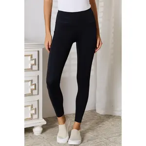 Basic Bae Wide Waistband Sports Leggings - Comfortable & Functional for All Seasons - Slightly Stretchy with Pockets - Regular Size Model - Black