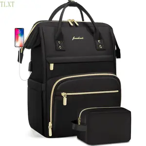 TLXT Women'S 15.6 Inch High Quality Laptop Backpack with 2 Compartments - Heavy-Duty Nylon Work Backpack with Golden-Tone Hardware, Padded Laptop Sleeve & Multiple Compartments for College, Travel, Business, Nursing - Elegant Black & Golden Design, Durabl