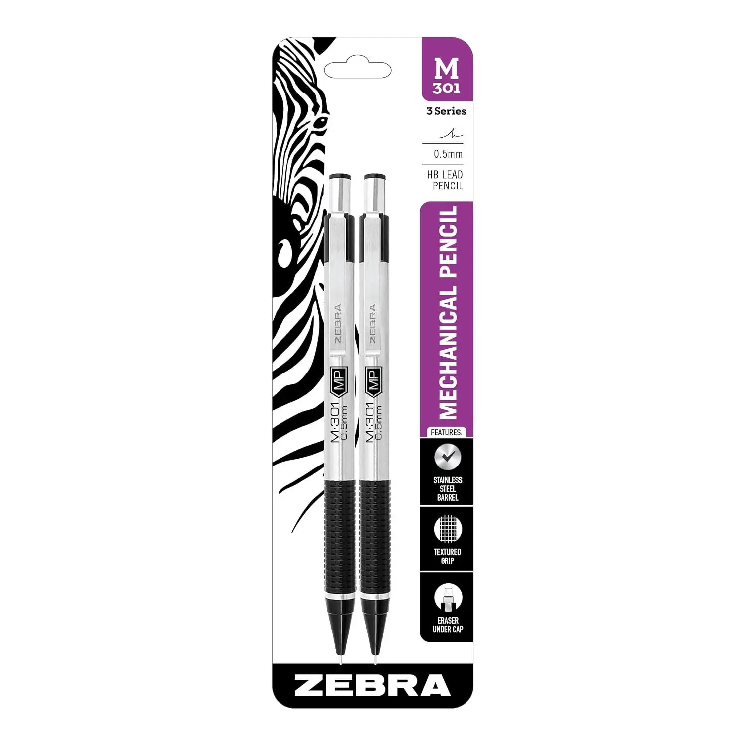 Zebra Pen STEEL M-301 Mechanical Pencil, 0.5mm Fine Point, 2-Pack | Stainless Steel Barrel, Textured Grip, Lightweight Design, Built-In-Eraser, Refillable, Office and School Supplies (54012) – 1 Count (Pack of 2)