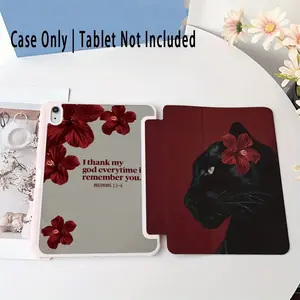 Black Panther Red Flower Scripture Pattern, with adjustable stand and pen slot, foldable anti slip TPU protective case, suitable for Samsung, iPad mini, iPad Air, iPad Pro/iPad 10th generation, 11th generation and other series iPad protective cases