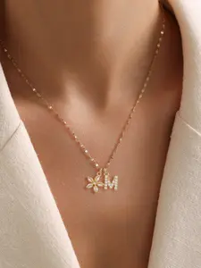 Women's Zirconia Letter Crystal Flower Pendant Necklace, Stainless Steel Lip Chain, Fashionable Casual Jewelry for All Seasons