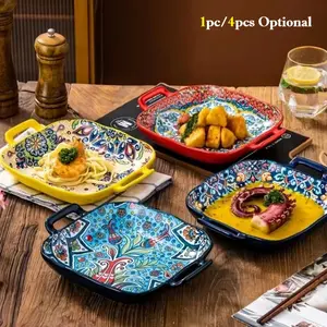 Boho Style Ceramic Serving Plate, 2-Count Exquisite Flower Pattern Plates with Handle, Creative Salad Plates for Home Kitchen, Dining Room & Picnic, Household Modern Ceramic Dinnerware Set, Multicolor Dinner Plates