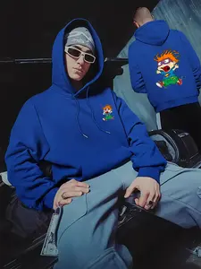 Men's Casual Sporty Hooded Sweatshirt, Rugrats Print, Slight Stretch, Drawstring, Kangaroo Pocket, Cartoon Character Chuckie, Fall & Winter