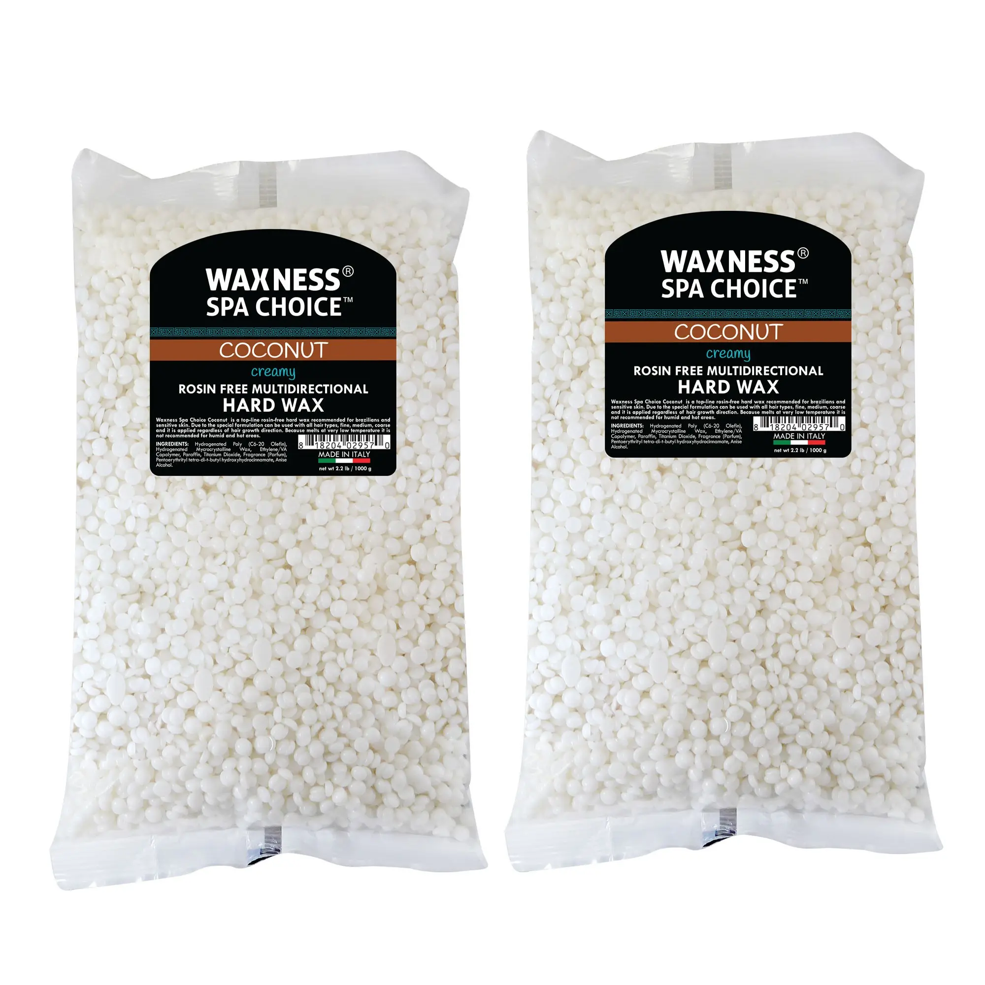 Waxness Spa Choice Rosin Free Multidirectional Hard Wax Coconut  2.2 lb / 1 kg - Pack of 2 - For Hair Removal