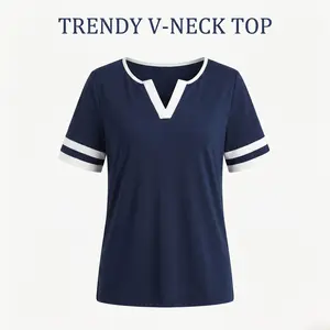 2026 Spring/Summer Trendy Colorblock V-Neck Shortsleeve Top - White with Black Trim, Loose Fit Breathable Cotton Blend Women's Shirt with Striped Cuffs for Daily Wear, Women's Tops Summervibes