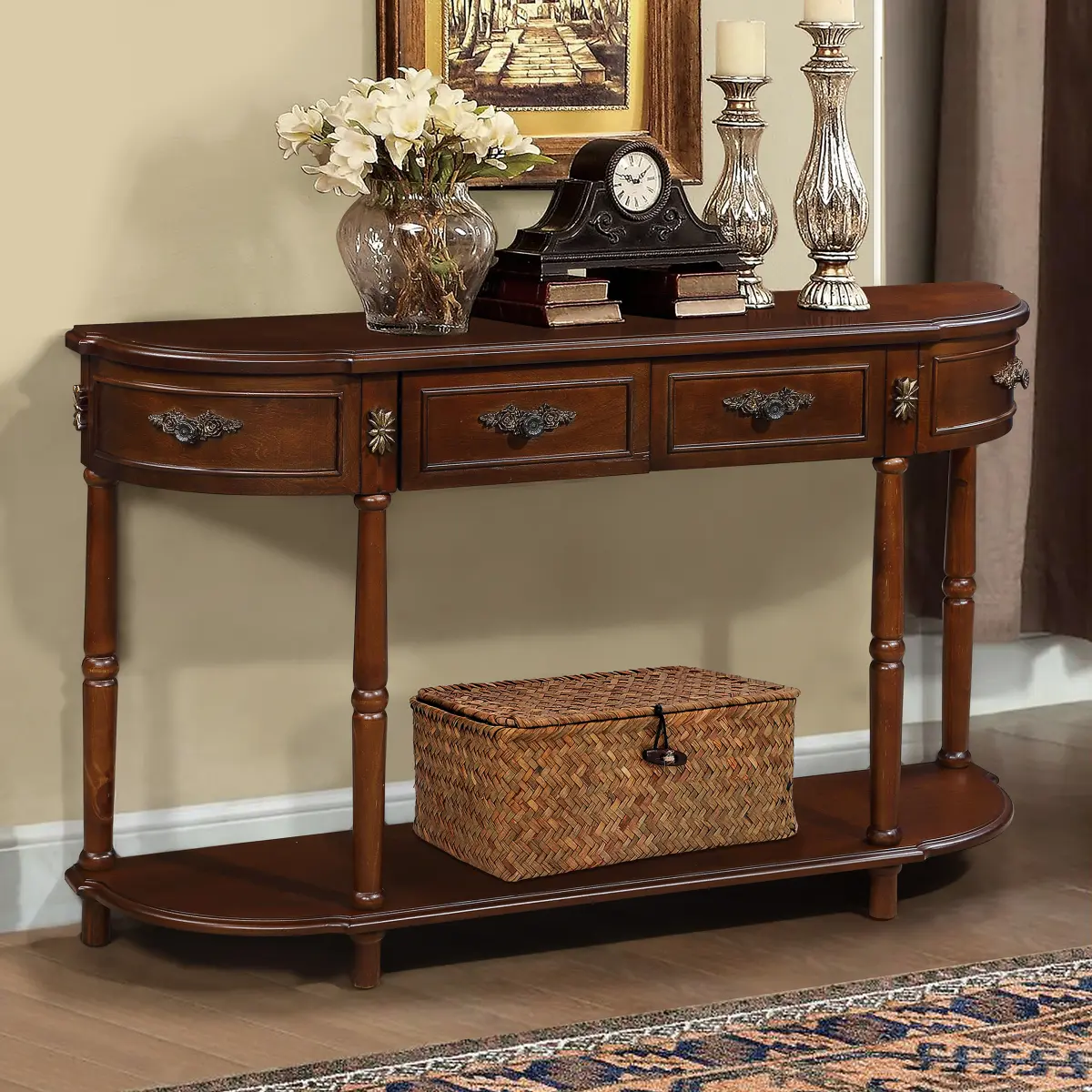 Retro Console Table Curved Wood Sideboard, 52 inch Circular Half Moon Sofa Table with Open Shelf and 2 Drawers, Solid Wood Entry Table for Living Room, Hallway, Cherry