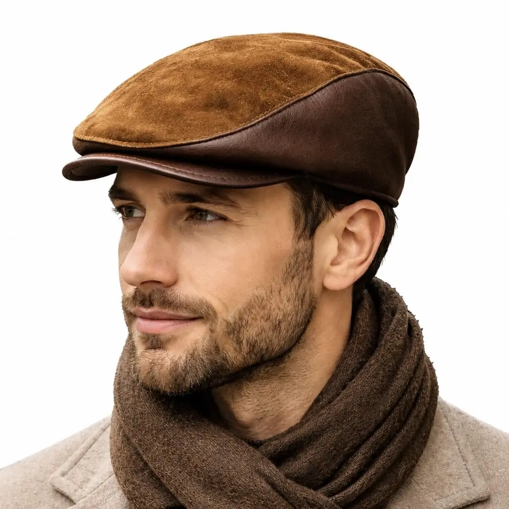 Men's Solid Suede Handmade Genuine Sheepskin Newsboy Cap - Male Hat for Casual Wear, Vintage Cabbie Driver Flat Hat, Adjustable Size Fit