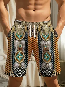 Men's 3D tribal-style printed drawstring shorts, casual, comfortable, breathable, perfect for summer, ideal for outdoor sports, beach vacations, and everyday wear.