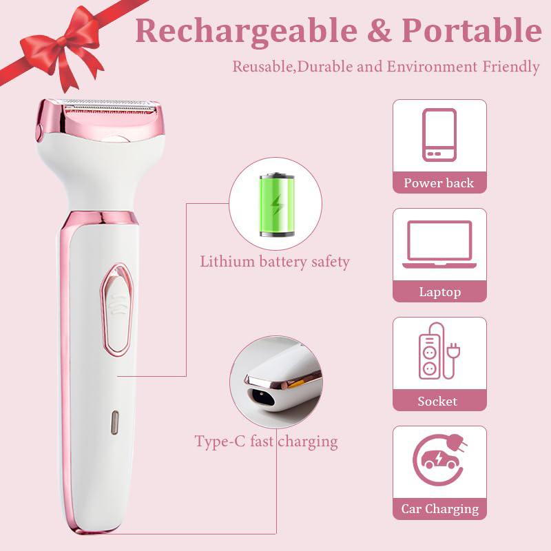 Women's Electric Shaver - 4-in-1 Waterproof Bikini Trimmer & Body Hair Remover, Painless Pubic Underarm Leg Hair Removal, Eyebrow Nose Trimmer Attachment, USB Rechargeable Cordless Razor for Sensitive Areas, Smooth Shaving Gift Kit